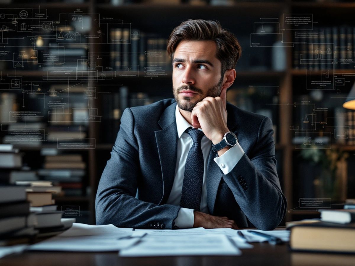 Avocat în birou, gândindu-se la strategii legale.