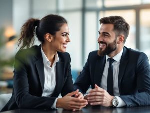 Avocat si client in birou modern, discutand.