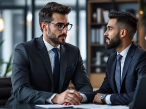 Avocat discutând cu un client într-un birou modern.