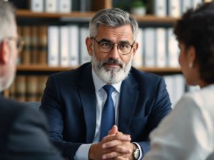 Avocat discutând cu un client într-un birou.