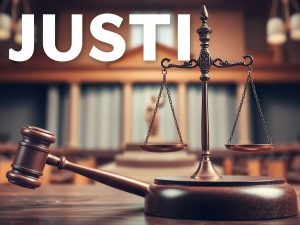 Imagine cu un ciocan și balanța justiției.