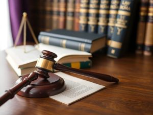 Ciocan de judecător și cărți de drept pe birou.