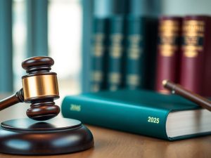 Ciocan și cărți juridice pe un fundal profesional.