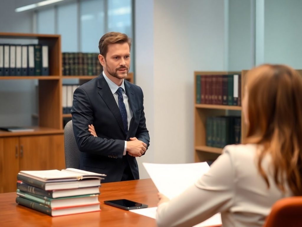 Avocat profesionist consultând un client în birou modern.