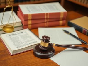 Birou de avocat cu cărți legale și ciocan.