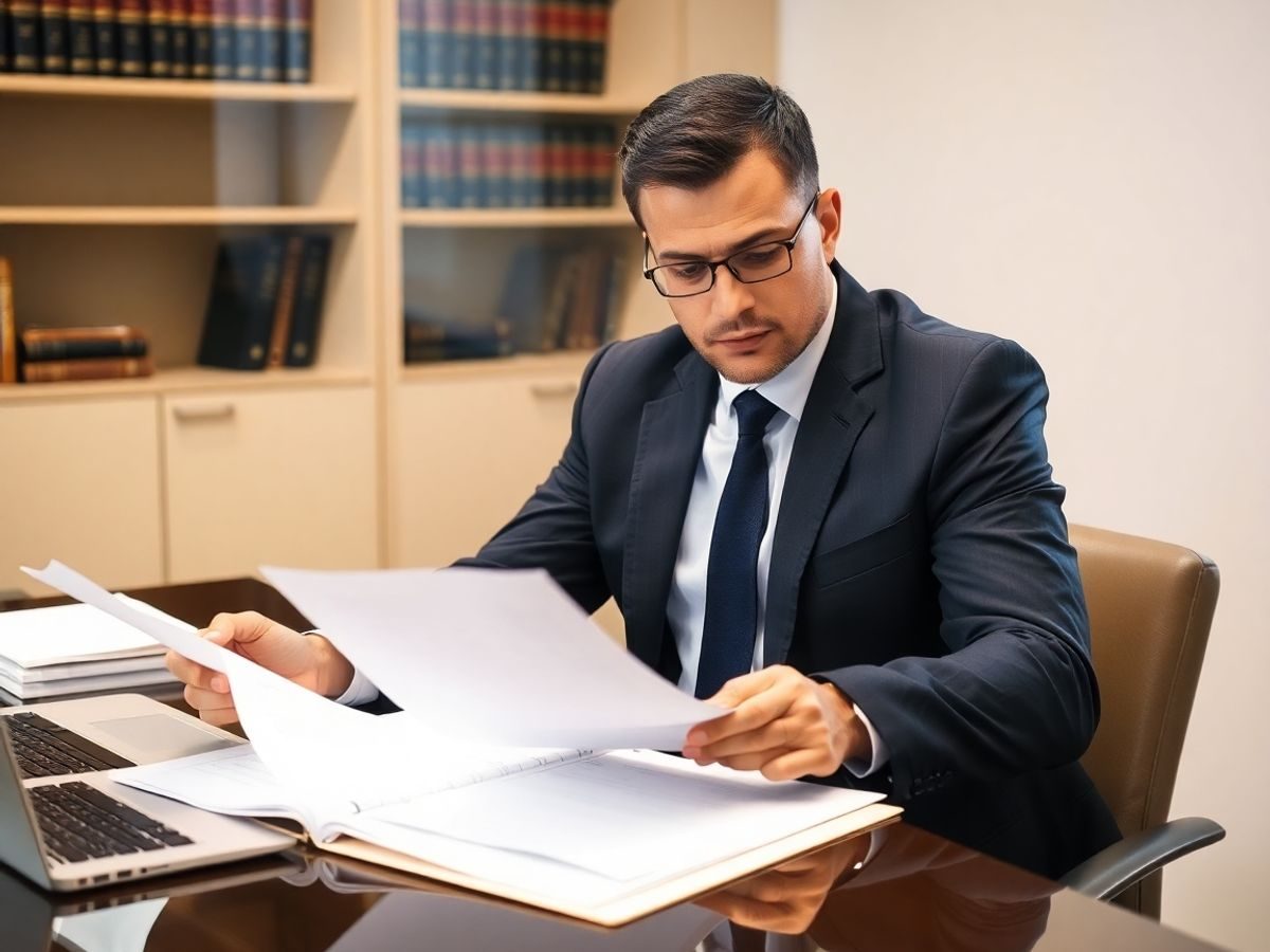 Avocat penalist in birou, examinând documente legale.