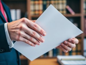 Mâini de avocat cu documente legale într-un birou.