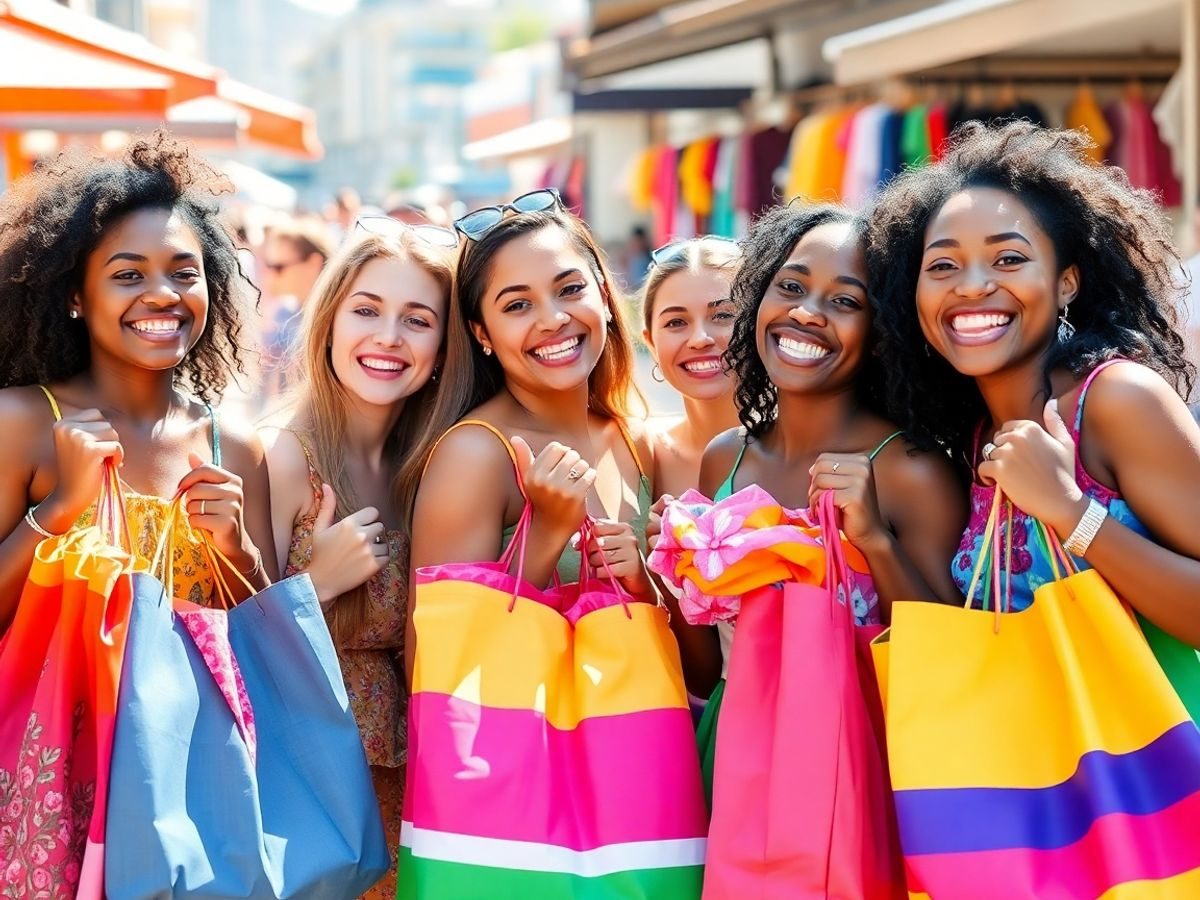 Oameni fericiți cu pungi de cumpărături colorate.