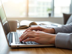 Laptop, cărți, cafea pe un birou modern.