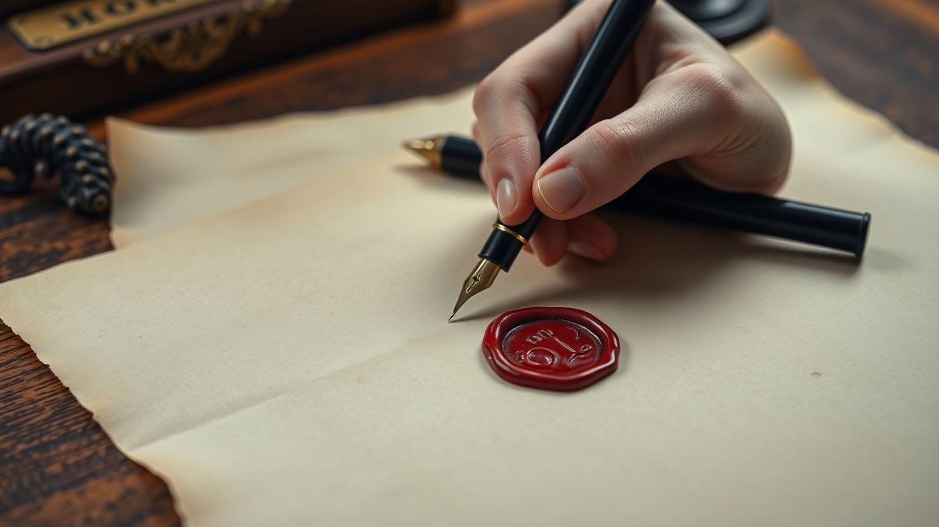 Mână scriind testament pe hârtie veche la birou